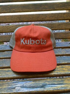 Kubota Hat Orange Tan 6 panel adjustable mesh back strap cap